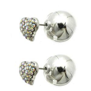 Sterling Silver Clear Crystal Heart Shaped Reversible Silver Ball Stud Earrings